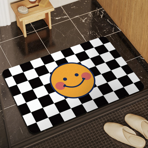 black and white chessboard grid smiley face kitchen entrance non-slip carpet diatom ooze soft cushion bathroom water-absorbing quick-drying foot mat