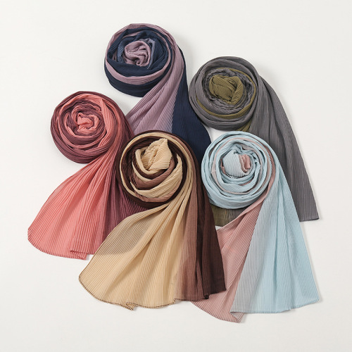 Cross-Border Gradient Chiffon Pressure Zou Pearl Chiffon Hand-Painted Women‘s Muslim Lengthened Two-Color Gradient Shawl Scarf