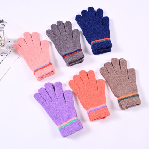autumn and winter children‘s gloves plus velvet thickened full finger temperament knitted wool solid color warm gloves wholesale 8-12 years old