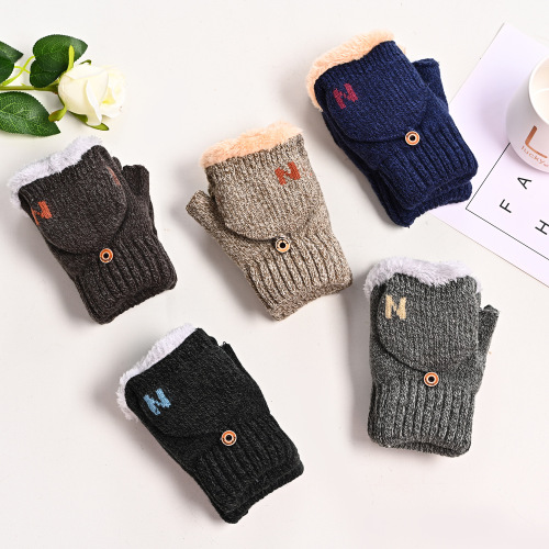 Winter Korean Style Fleece-Lined Gloves thickened Cotton Warm Cold-Proof Wool Knitted Open Finger Half Finger Winter Gloves Wholesale