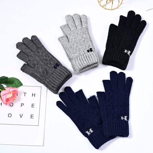 Wool Knitted Student Writing Dew Two Finger High School Students Korean Style Cold-Proof Brushed Warm Gloves Elastic Factory Wholesale