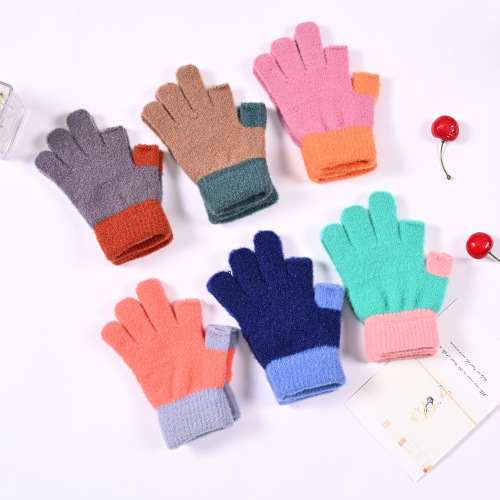 exposed two fingers winter touch screen warm velvet thickened knitted wool writing half finger gloves male and female students 7-10 years old