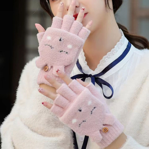 Rabbit New Women‘s Warm Half Finger Stamped Winter Cute Cold-Proof Cartoon Knitted Couple Gloves Factory Wholesale 