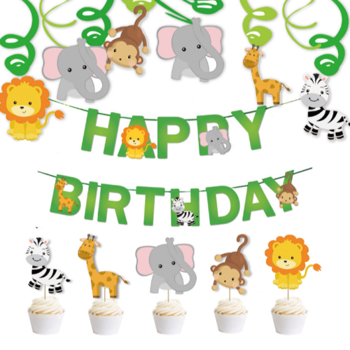Jungle Animal Birthday Pulling Banner Cartoon Lion Elephant Banner Cake Inserting Card Hanging Decoration Party Supplies Set Wholesale