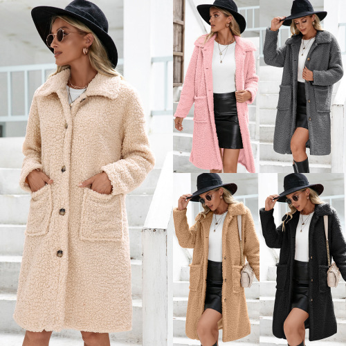 Autumn and Winter Lapel Plush Mid-Length Women‘s Windbreaker Coat