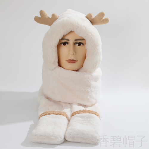 short plush rabbit fur rice antlers plus fur collar warm three-piece hat scarf gloves christmas hat plus mask