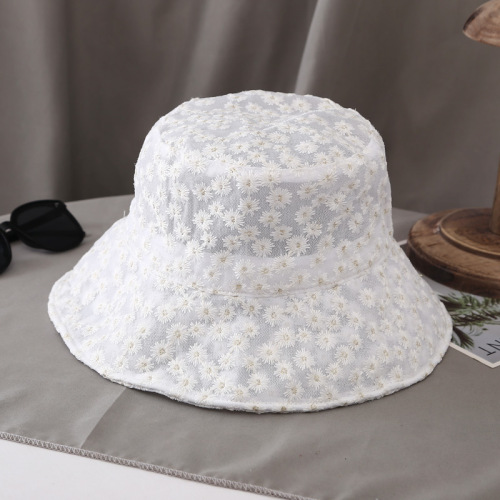 Japanese Style Little Daisy Embroidered Fisherman Hat Women‘s Thin Summer Sun-Proof Travel Korean Style Lace Transparent Sun-Proof Basin Hat Spring