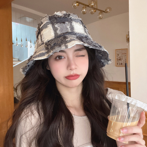 Japanese Style Distressed Frayed Plaid Fisherman Hat Female Summer Sun Protection Face Small Fashion Basin Hat All-Match Sun Hat Tide 