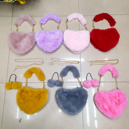 Plush Loving Heart Satchel Handbag Chain Bag Rex Rabbit Fur Large Heart-Shaped Satchel