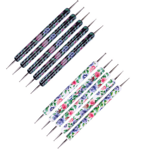 manicure set tools black/white flower wooden rod double-headed point drill nail art pen 5 pack