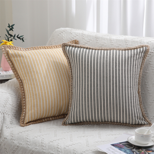 Amazon Cotton and Linen Striped Pillowcase Lace Jacquard Yarn-Dyed Bamboo Linen Cushion Cover Living Room Waist Pillow Back Cover 