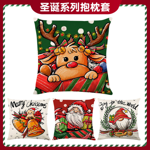 Cross-Border Amazon Christmas Pillow Linen Printed Santa Claus Living Room Sofa Home Throw Pillowcase Bedroom Cushion