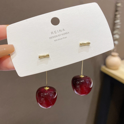 Sweet Ins Style Cherry Earrings for Women Sterling Silver Needle Long Red Eardrops Korean Dongdaemun Earrings Wholesale