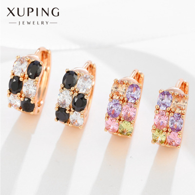 Xuping Jewelry Gold-Plated Retro Color Inlaid Zirconium Earrings for Women Europe and America Cross Border Cold Wind Circle Ear Clip in Stock Wholesale
