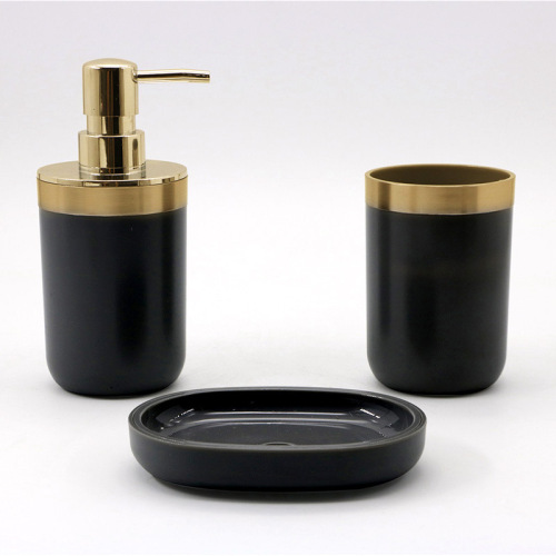 Bathroom Factory Wholesale Plastic Bathroom Three-Piece Black and Gold Wash Set Wash Basin Tray Lotion Bottle Simple 