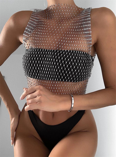 Southern Sexy Lingerie 2022 Cross-Border Hot European and American Women‘s Clothing Nightclub Hot Girl Sexy Fishnet Rhinestone Hollow Vest