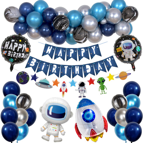 Baby Birthday Spaceman Theme Party Decoration Cartoon Astronaut Rocket Aluminum Foil Balloon Birthday Flag String Suit