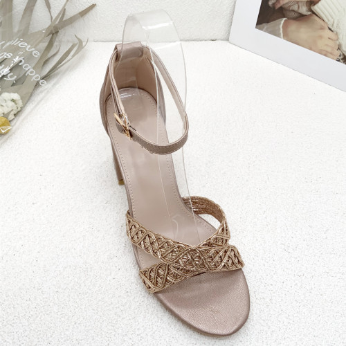 summer high heel sandals women‘s chunky heel simple comfortable metal buckle european and american mature fashion guangzhou women‘s shoes craft shoes