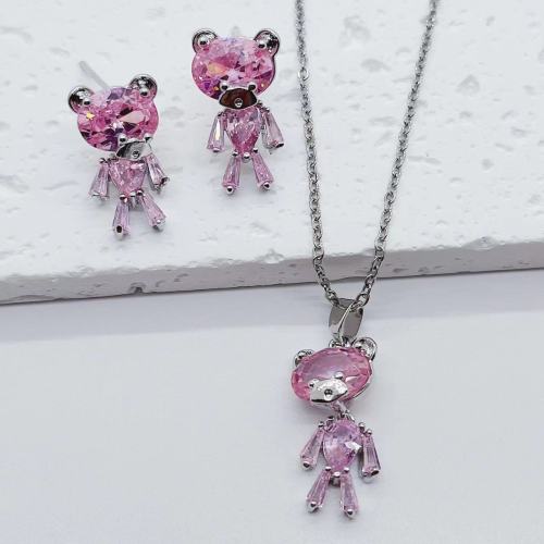 Hot Sale Pink Zircon Bear Premium Shiny Ear Studs Pendant Two-Piece Suit Fashion All-Match Personality