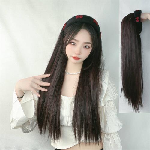 european and american foreign trade wig female long black straight hair u-shaped high-temperature fiber wig sheath fast hand internet influencer long simulation hair
