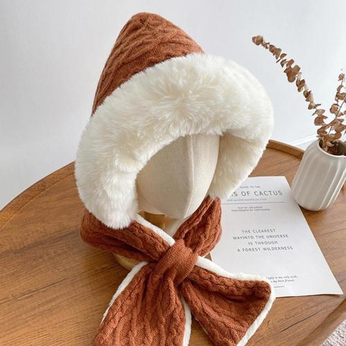 Furry Plush Bonnet Women‘s Autumn and Winter Integrated Scarf Knitted Wool Wool Hat Sweet Cute Earflaps Warm
