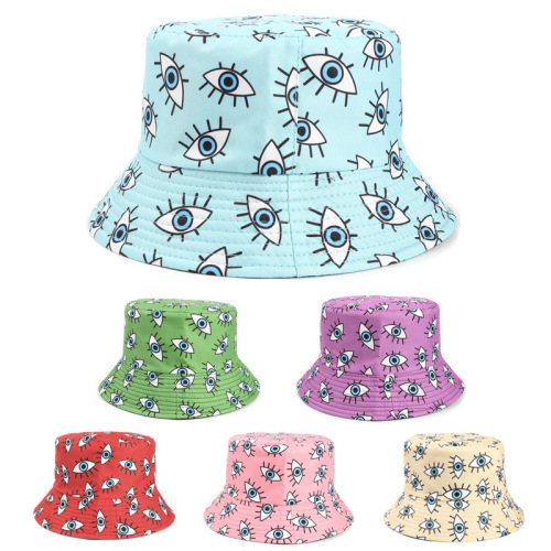 Bucket Hat Women‘s Korean-Style Cartoon Eye Print Reversible Fisherman Hat Bucket Hat Outdoor Leisure Flat Top Sunshade Couple Bucket Hat
