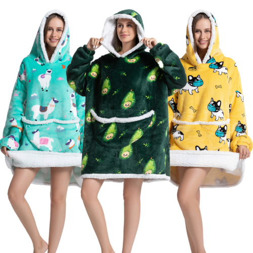 new composite flannel printed lazy pajamas pullover cartoon hooded nightgown tv blanket outdoor warm clothes