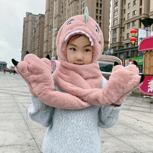Children‘s Hat Scarf Gloves Three-Piece Set One-Piece Hat Girls‘ Autumn and Winter Thickened Warm Boys‘ Ear Protection Hoodie Neck Warmer