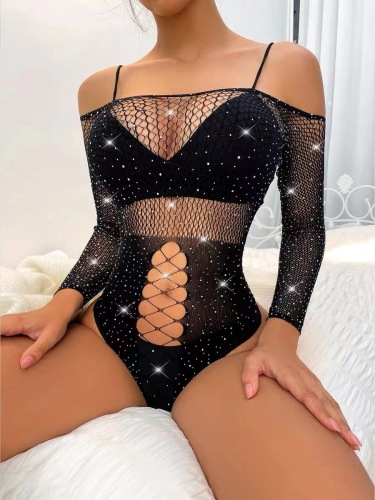 Southern Sexy Lingerie european and American Temptation Teasing Sexy Shiny Rhinestone off-Shoulder Fishing Net Rhinestone Tight Sexy Net Clothing