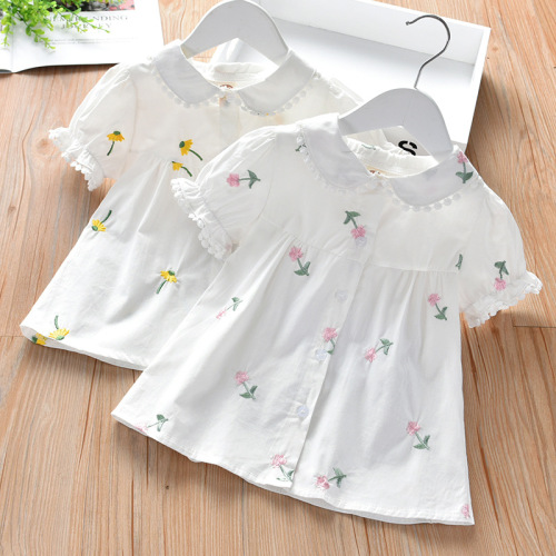 Girls‘ Western Style Shirt Summer Korean Style Embroidery Cardigan Short Sleeve Shirt Baby Comfortable White Shirt