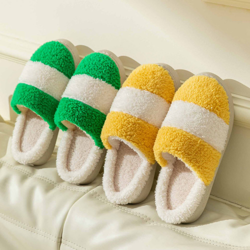 autumn and winter warm cotton slippers women‘s plush double color matching simple non-slip wear-resistant home slippers couple cotton slippers