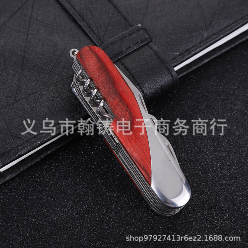 Factory Direct Supply 11 open Function Swiss Army Knife Stainless Steel Double Steel Head Color Wooden Handle Knife Outdoor Folding Army Knife