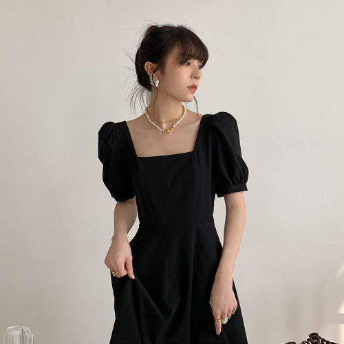 black dress for women 2022 summer new french retro elegant square collar tight waist long hepburn style small black dress