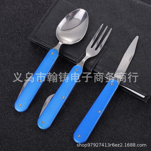 Factory Direct Supply Outdoor Camping Multi-Purpose Folding Western Food Knife， Fork and Spoon Stainless Steel Steak Knife Portable Combination Tableware