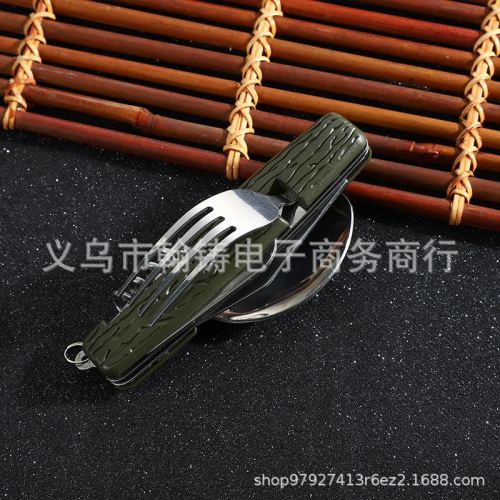 factory direct supply camping folding knife， fork and spoon combination tableware outdoor function dining knife stainless steel portable detachable type