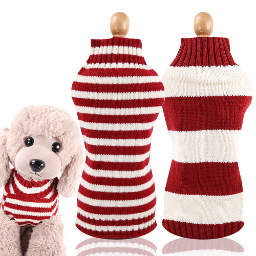 Pet Dog Cat Clothes Teddy French Bucket Autumn and Winter Clothing Supplies Sweater Thick red and White Striped Elastic Two Feet