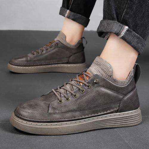 Men‘s Shoes 2022 New Autumn Black Leather Shoes Non-Slip Wear-Resistant and Lightweight Board Shoes Trendy All-Matching Sports Casual