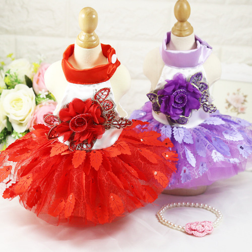 spring and summer new dog cat wedding dress shiny tree leaves dress big red purple skirt pet clothes supplies