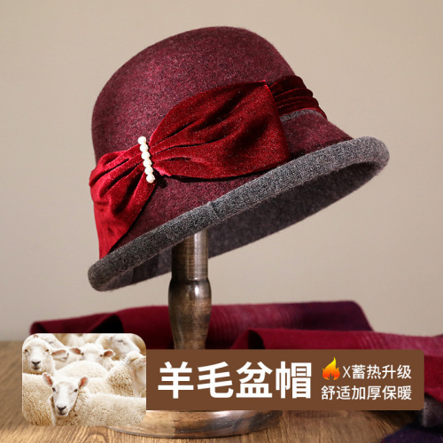[hat hidden] middle-aged and elderly autumn and winter wool bucket hat women‘s simple fashion bowknot bucket hat vintage top hat