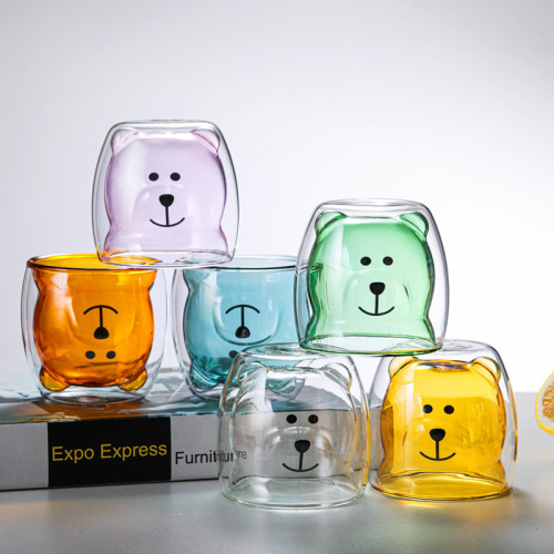 wholesale creative cartoon double-layer glass bear cup household coffee juice milk cup drinking cup coffee cup
