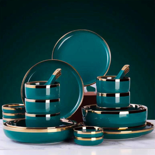 Cross-Border Nordic Light Luxury Gilt Edging Porcelain Tableware Bowl and Plates Set Emerald Household Soup Bowl Noodle Bowl Dish Steak Plate