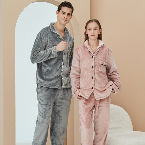 flannel pajamas women‘s autumn and winter coral fleece thickened homewear warm suit embroidered men‘s pajamas one-piece delivery