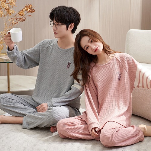 2023 couple pajamas women‘s spring and autumn boys women‘s solid color cotton long sleeve autumn and winter new live home wear