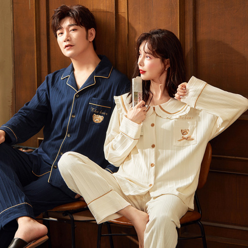 spring and autumn couple pajamas women‘s long sleeve korean style pure color cotton cute men‘s simple autumn and winter live home wear