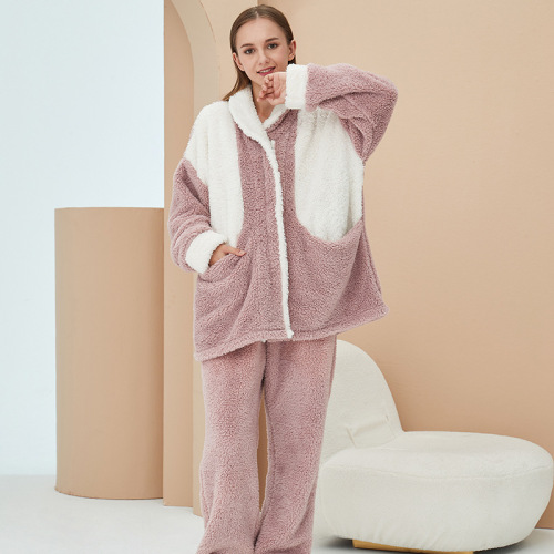 Winter Home Wear Contrast Color Slimming Coral Fleece Pajamas Women‘s Winter Thickened Lambswool Flannel Home Wear Wholesale 