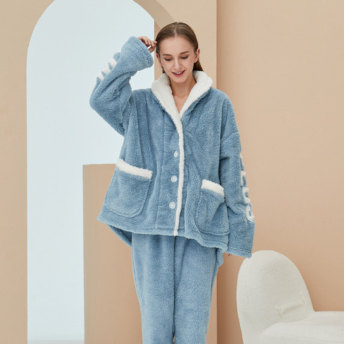 Cross-Border Coral Velvet Pajamas Women‘s Autumn and Winter Flannel Pajamas Pajama Pants Suit English Couple Homewear One Piece Dropshipping