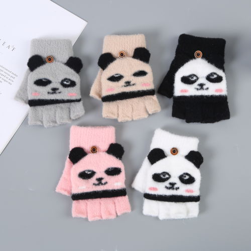 Children‘s Flip Gloves Boys and Girls Cute Panda Fingerless Gloves Autumn and Winter Korean Style Children‘s Half Finger warm Half