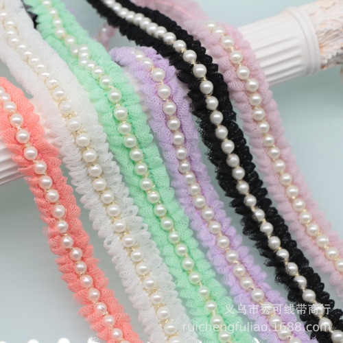2cm New Multi-Color Mesh Pleated Pearl Lace Beads Ribbon Clothing Wedding Dress Hair Accessories Handmade DIY Material