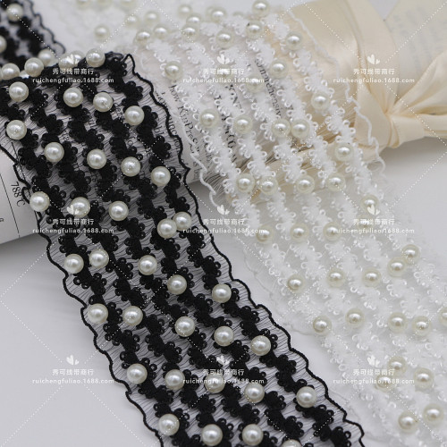New 5cm Five Rows Hollow Elastic Pearl Ribbon Lace Clothing Bow Hair Accessories Belt Accessories Wholesale