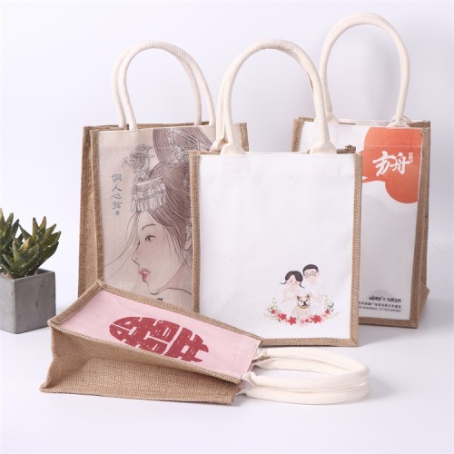 creative printing portable linen bag shopping gift jute bag ins thick linen hand bag wholesale